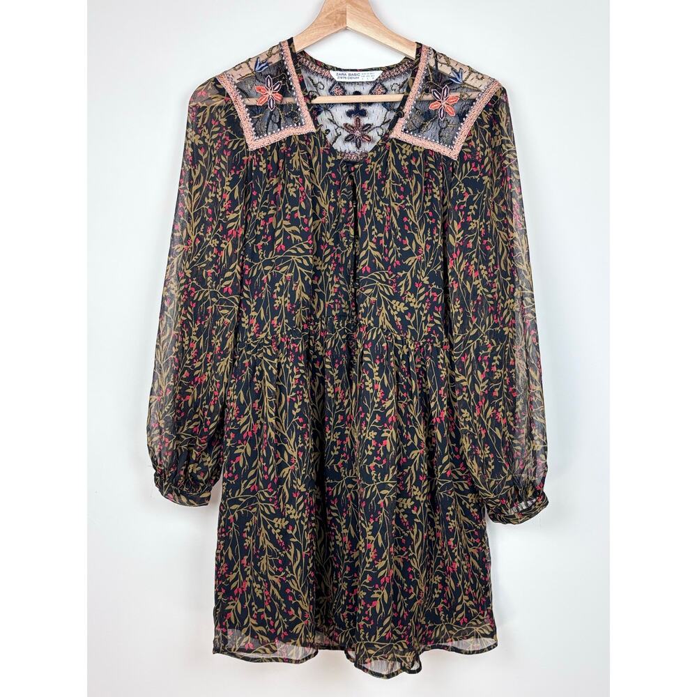 🌿 Zara Basic Floral Chiffon Mini Dress | Small | Embroidered Lace Yoke